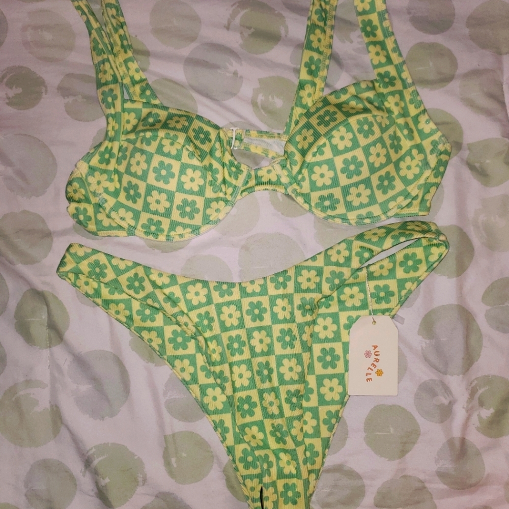 Aurelle Retro Green/Yellow Floral Bikini Set, 2XL